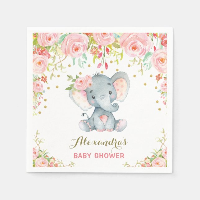 Blommigt Baby Elephant Birthday Rosa Pappersservet Pappersservett (Framsidan)