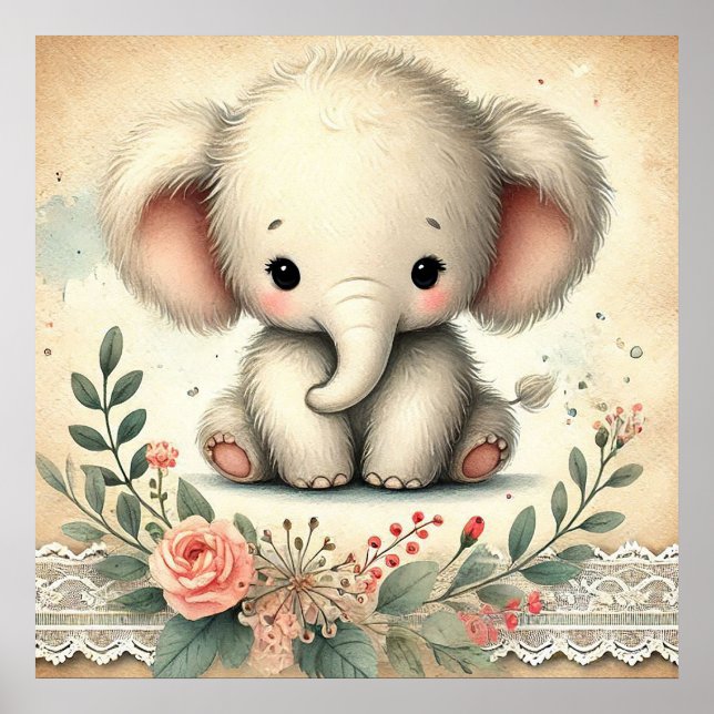 Blommigt Baby Elephant Nursery Poster (Framsidan)