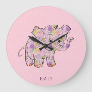 Blommigt Baby Elephant on Rosa Damask Stor Klocka