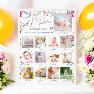 Blommigt Baby första år Fotokollage Milstone Poster