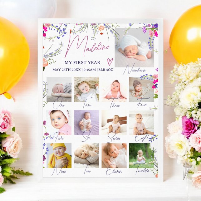 Blommigt Baby första år Fotokollage Milstone Poster (Floral Baby’s First Year Photo Collage Milestone Poster)
