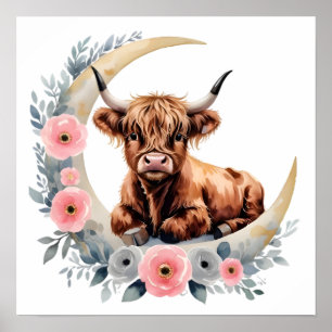 Blommigt Baby Highland Cow Nursery Skriv ut Poster