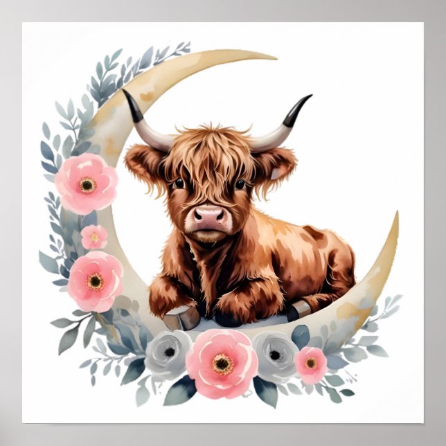 Blommigt Baby Highland Cow Nursery Skriv ut Poster (Framsidan)