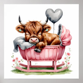 Blommigt Baby Highland Cow Nursery Skriv ut Poster