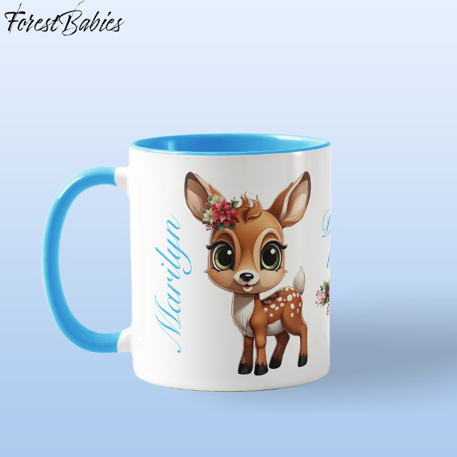 Blommigt Baby Hjort, Fawn, Doe 🦌 🎄 Hjort Loved Mugg (Cute Baby Deer, Floral Fawn, Doe Lover 🦌 Poinsettia Flowers Blue Deer-ly Loved ForestBabies  Mug)