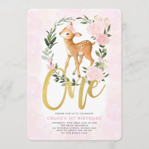 Blommigt Baby Hjort Fawn Girl 1:a födelsedagen Inbjudningar