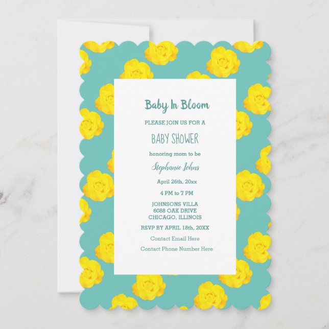 Blommigt Baby i Bloom Baby Shower Teal Gul ros Inbjudningar (Framsida)