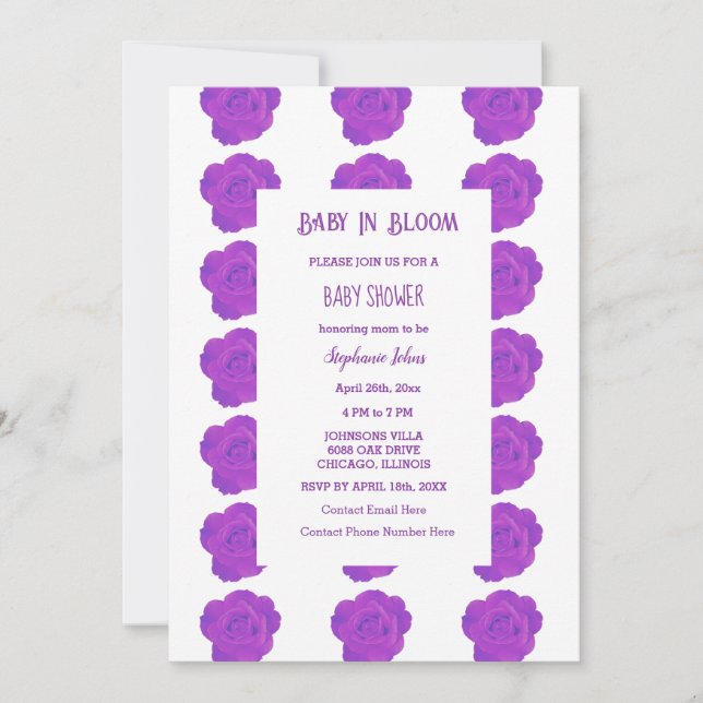 Blommigt Baby i Bloom Lila Ro Baby Shower Girl Gir Inbjudningar (Framsida)