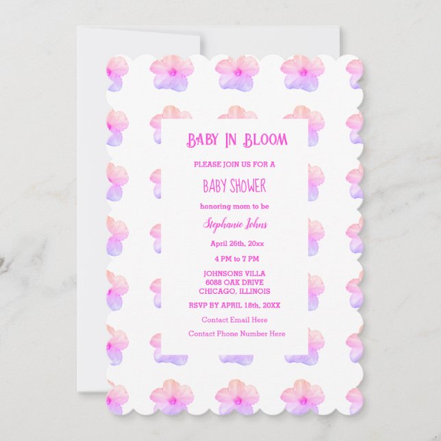 Blommigt Baby i Rosa Petunia Baby Shower Girl i bl Inbjudningar (Framsida)
