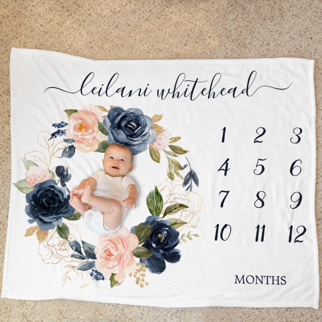 Blommigt Baby månads milstolpe  marinen Baby Fleecefilt (Enjoy this botanical floral wreath large baby blanket to photography your baby each month.)