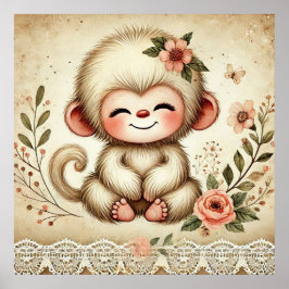 Blommigt Baby Monkey Nursery Poster