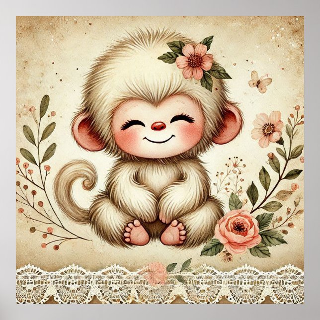 Blommigt Baby Monkey Nursery Poster (Framsidan)