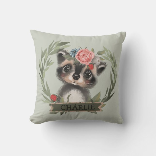 Blommigt Baby Racoon Kudde (Framsida)