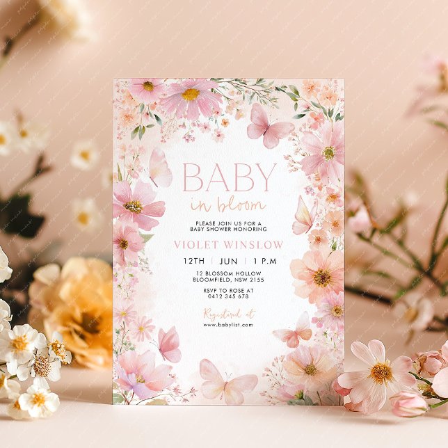 Blommigt Baby Shower Baby i Bloom Rosa Rosa Peach Inbjudningar (Pink Peach Floral Invitation with Butterflies. Baby in Bloom Baby shower theme. )