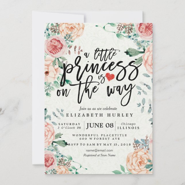 Blommigt Baby Shower en liten prinsessa är på väg Inbjudningar (Framsida)