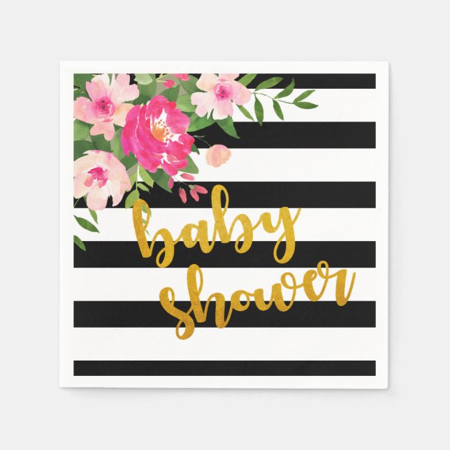Blommigt Baby Shower Napkin - Black/White Rand Pappersservett (Framsidan)