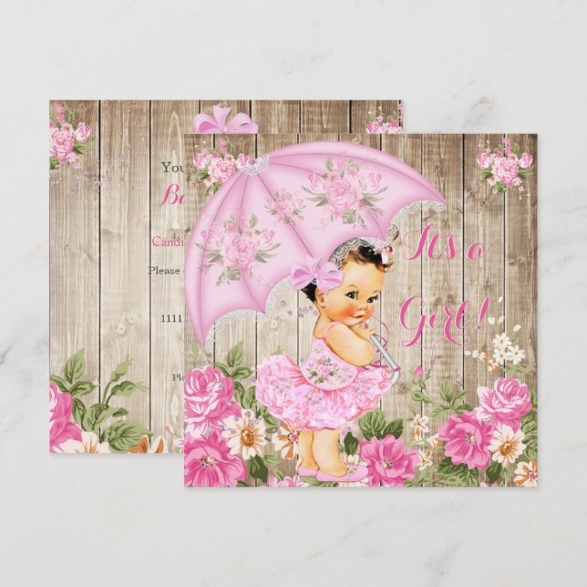 Blommigt Baby Shower Rosa Rustic Wood Girl Brunett Inbjudningar (Fram/baksida)