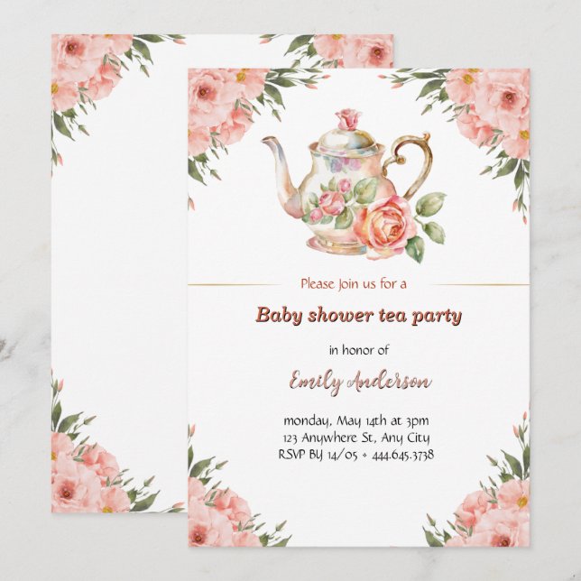 Blommigt Baby Shower Tea Party-inbjudan Inbjudningar (Fram/baksida)