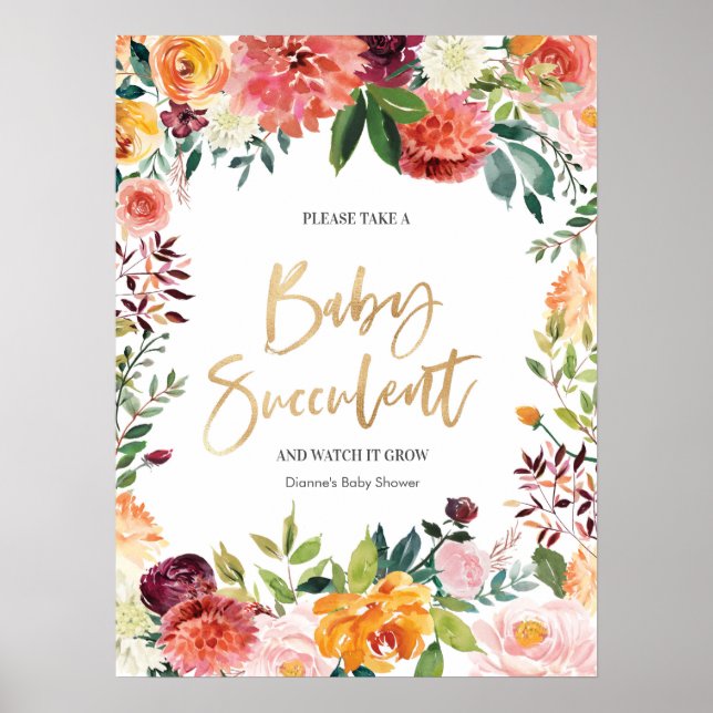 Blommigt Baby Succulary Baby dusch-skylt Poster (Framsidan)