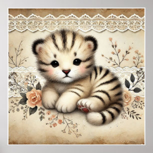 Blommigt Baby Tiger Nursery Poster