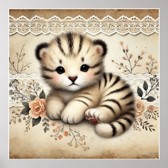 Blommigt Baby Tiger Nursery Poster (Framsidan)