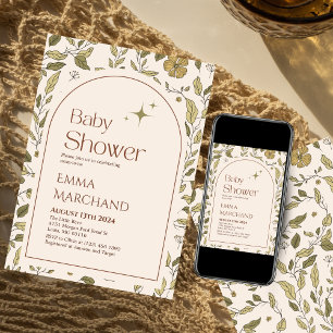 Blommigt, babyduschinbjudan, grönt bohemian inbjudningar