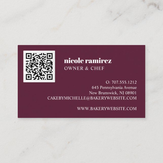 Blommigt Bakery Patisserie rand burgundy QR CODE Visitkort (Baksida)