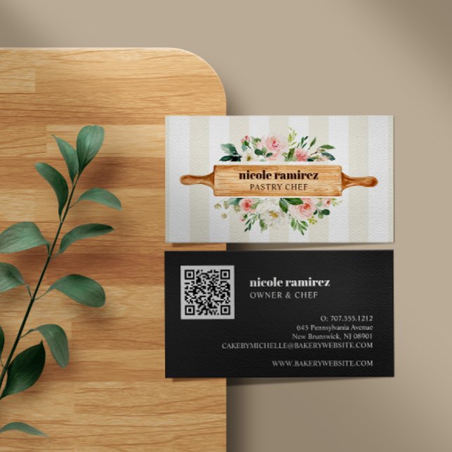 Blommigt Bakery Rolling Pin Patisserie QR CODE Bus Visitkort (Skapare uppladdad)