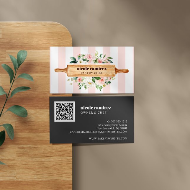 Blommigt Bakery Rolling Pin Patisserie QR CODE Visitkort (Skapare uppladdad)