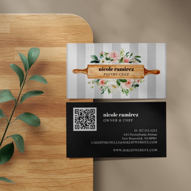 Blommigt Bakery Rolling Pin Patisserie QR CODE Visitkort (Skapare uppladdad)