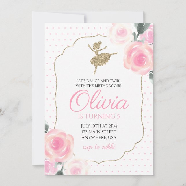 Blommigt Ballerina Födelsedagsinbjudan Inbjudningar (Framsida)