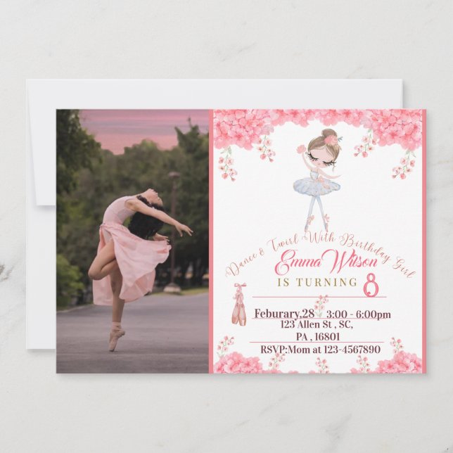 Blommigt Ballerina födelsedagsinbjudan till flicko Inbjudningar (Framsida)