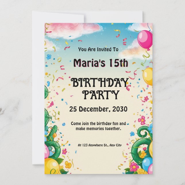Blommigt Balloona Personlig Birthday Inbjudningar (Framsida)