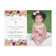 Blommigt Baptism 1:a födelsedag Fotoinbjudan