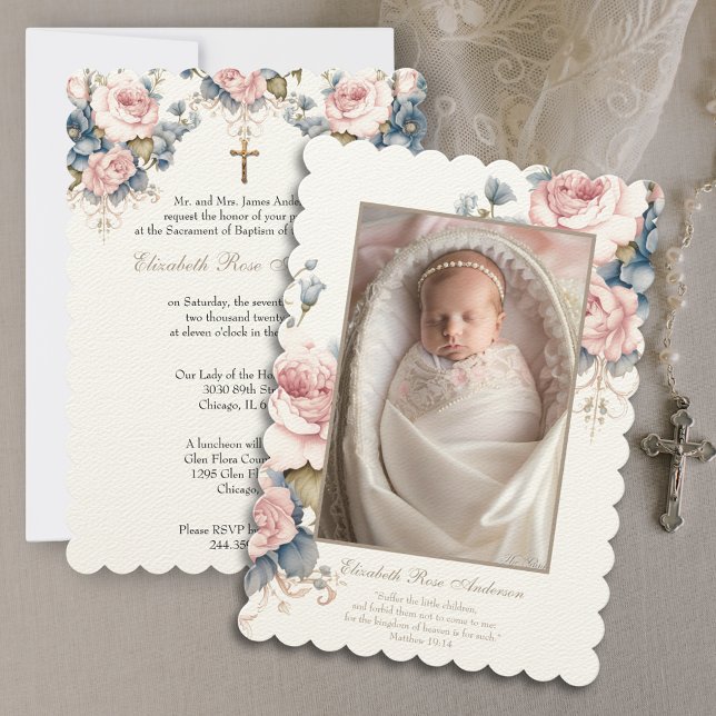 Blommigt Baptism Baby fotoskripture Kor Inbjudningar (Easy to customize, make this invitation uniquely yours!)