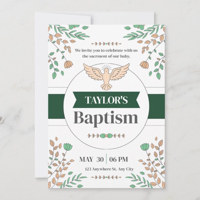 Blommigt Baptism Ceremony Photocall Grönt-inbjudan Inbjudningar (Framsida)