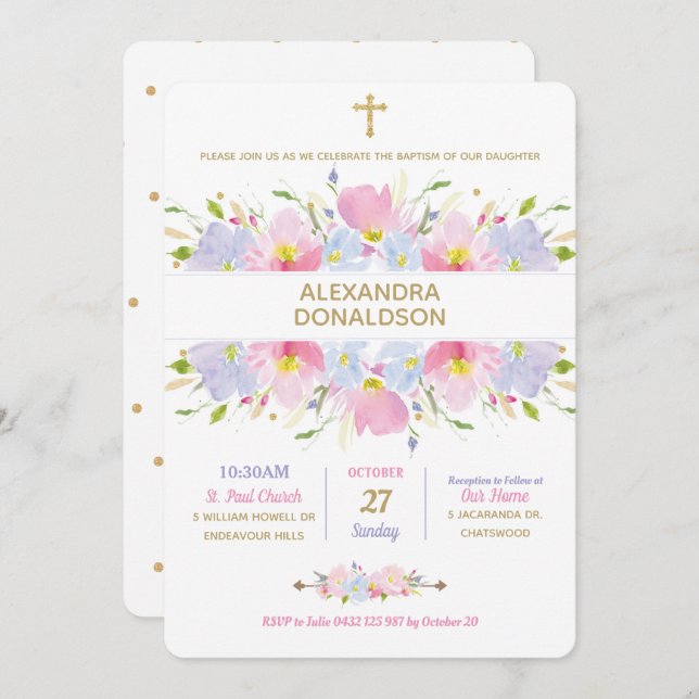Blommigt Baptism Christing Girl Inbjudningar (Fram/baksida)