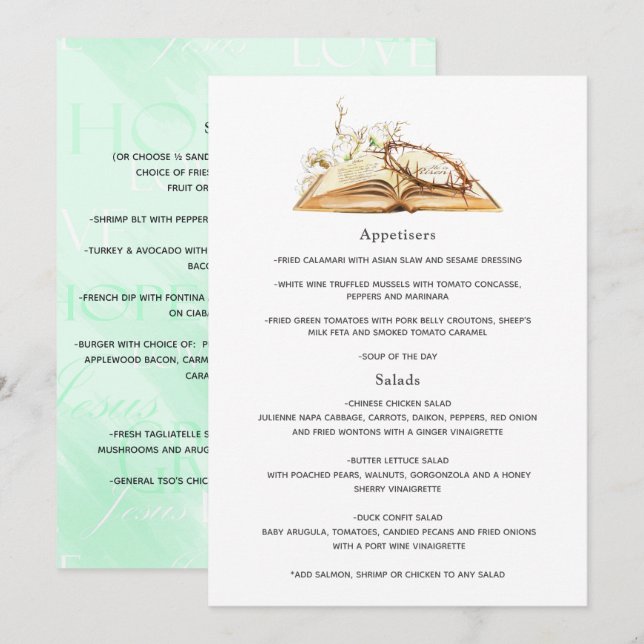 Blommigt Baptism eller Christening Menu Meny (Fram/baksida)
