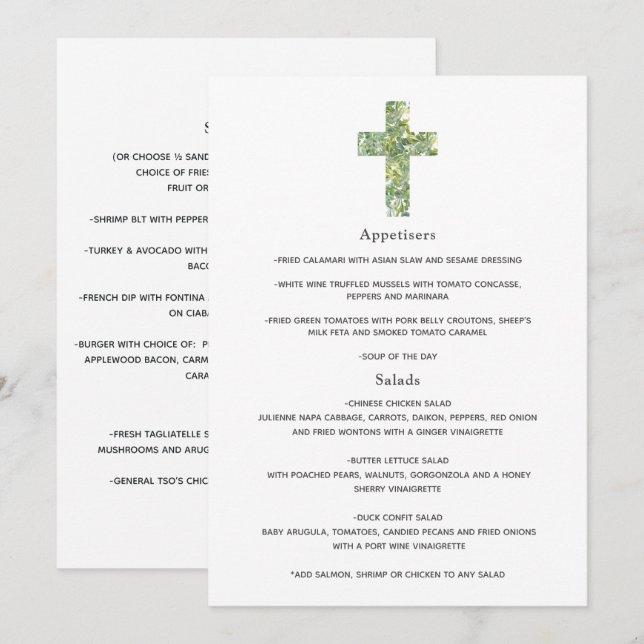 Blommigt Baptism eller Christening Menu Meny (Fram/baksida)