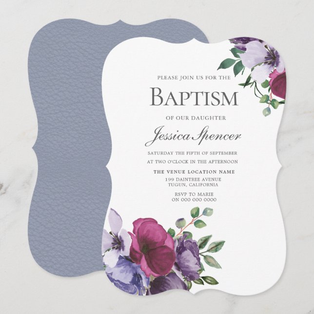 Blommigt Baptism i Inbjudan med hjälp av djup svär (Fram/baksida)