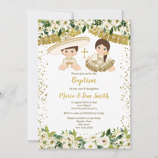 Blommigt Baptism - inbjudan till fiesta Twin (Framsida)