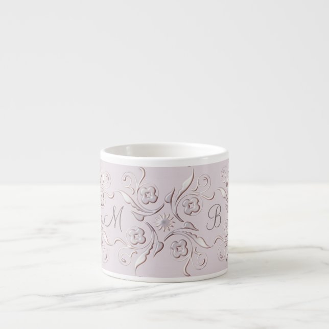Blommigt barock rosa mönster. monogram. espressomugg (Framsidan)