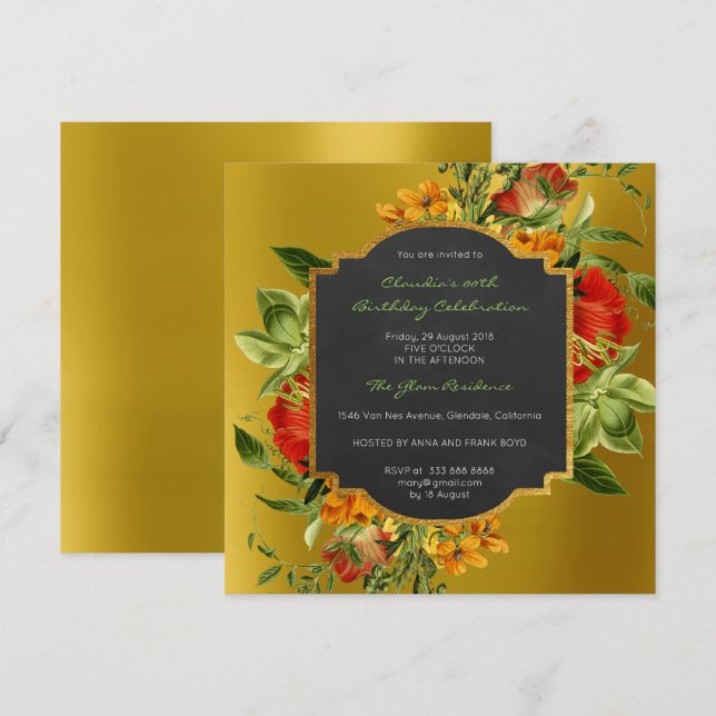 Blommigt Baroque Birthday Guld Black Mustard Inbjudningar (Fram/baksida)