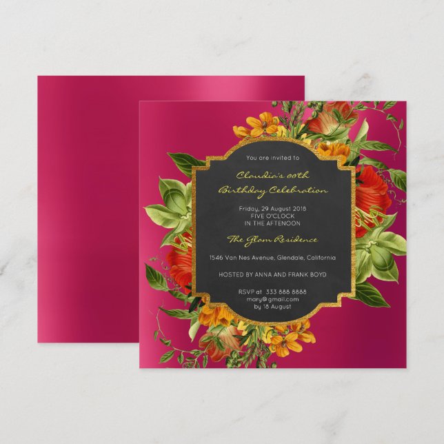 Blommigt Baroque Birthday Guld Ram Rosa Raspberry Inbjudningar (Fram/baksida)