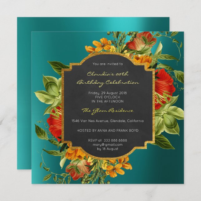 Blommigt Baroque Birthday Guld Tropical Teal Inbjudningar (Fram/baksida)