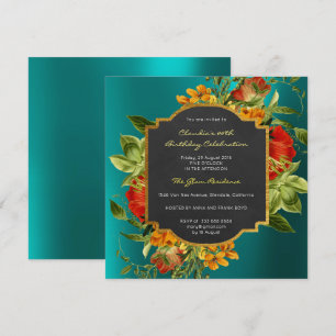 Blommigt Baroque Birthday Guld Tropical Teal Inbjudningar