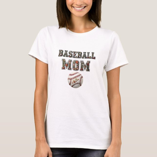 Blommigt Baseball Mamma Shirt, vildsvarvet T Shirt (Framsida)