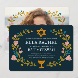 Blommigt Bat mitzvah andedräkt Hand-dragen Anpassn Inbjudningar