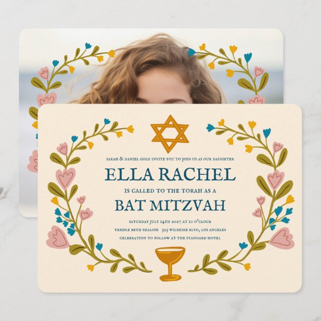 Blommigt Bat mitzvah andedräkt Hand-dragen Anpassn Inbjudningar (Fram/baksida)