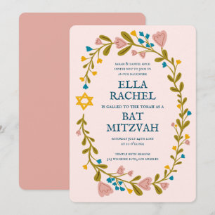 Blommigt Bat mitzvah andedräkt Hand-dragen Anpassn Inbjudningar